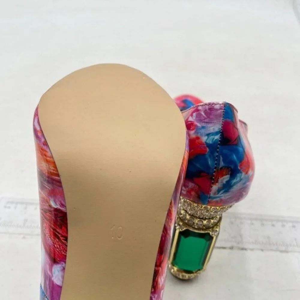 FSJ Women Stylish Closed Toe Rhinestone Emerald Chunky High Heel Pumps - Picture 6 of 8